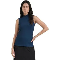 FableStreet Women Ribbed High Neck Sleeveless Top- Navy Blue I Lightweight Fabric for Casual and Formal Outings-picture-10