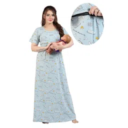 Fabme Pure Cotton Half Sleeves Typography Printed Night Dress With Concealed Zipper Nursing Access - Sea Green-picture-20