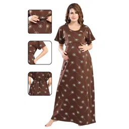 Fabme Pure Cotton Woven Half Sleeves Dadelions Printed Maternity Night Dress With Concealed Zipper Nursing Access - Brown-picture-34