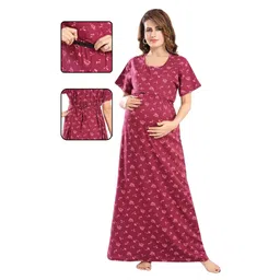 Fabme Pure Cotton Woven Half Sleeves Floral Printed Maternity Night Dress With Concealed Zipper Nursing Access - Dark Pink-picture-41