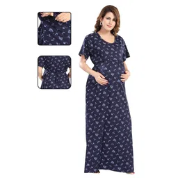 Fabme Pure Cotton Woven Half Sleeves Floral Printed Maternity Night Dress With Concealed Zipper Nursing Access - Navy Blue-picture-31