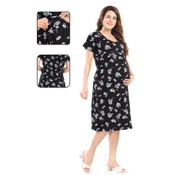 Fabme Pure Cotton Woven Half Sleeves Floral Printed Maternity Nighty With Overlap Zipper Nursing Access - Black-picture-33
