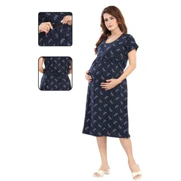 Fabme Pure Cotton Woven Half Sleeves Floral Printed Maternity Nighty With Overlap Zipper Nursing Access - Navy Blue-picture-28