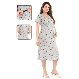 Fabme Pure Cotton Woven Half Sleeves Leaves Printed Maternity Nighty With Overlap Zipper Nursing Access - Light Grey-picture-27