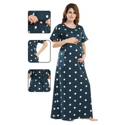 Fabme Pure Cotton Woven Half Sleeves Polka Dots Printed Maternity Night Dress With Concealed Zipper Nursing Access - Green-picture-29