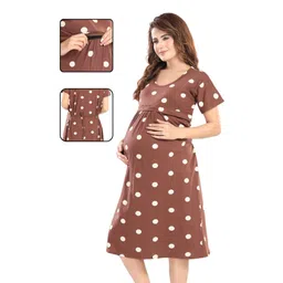 Fabme Pure Cotton Woven Half Sleeves Polka Dots Printed Maternity Nighty With Overlap Zipper Nursing Access - Brown-picture-25