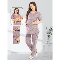 Fabme Pure Cotton Woven Half Sleeves Space Theme Printed Maternity Night Suit Set With Overlap Zipper Nursing Access - Purple Grey-picture-39