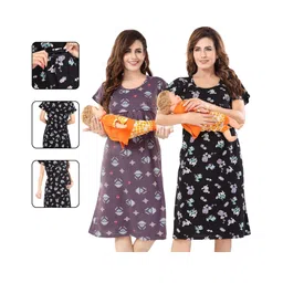 Fabme Pure Cotton Woven Pack Of 2 Half Sleeves Floral & Abstract Printed Maternity Nighty With Overlap Zipper Nursing Access - Purple & Black-picture-20