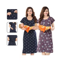 Fabme Pure Cotton Woven Pack Of 2 Half Sleeves Floral Printed Maternity Night Dresses With Concealed Zipper Nursing Access - Navy Blue & Purple-picture-24
