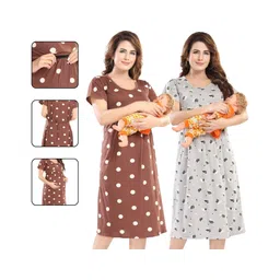 Fabme Pure Cotton Woven Pack Of 2 Half Sleeves Leaves & Polka Dots Printed Maternity Nighty With Overlap Zipper Nursing Access - Brown & Grey-picture-16