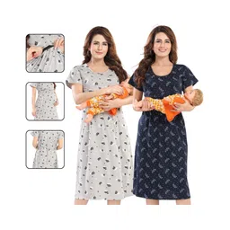 Fabme Pure Cotton Woven Pack Of 2 Half Sleeves Leaves Printed Maternity Night Dresses With Concealed Zipper Nursing Access - Grey & Navy Blue-picture-17