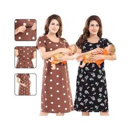 Fabme Pure Cotton Woven Pack Of 2 Half Sleeves Polka Dots & Floral Printed Maternity Night Dresses Concealed Zipper Nursing Access - Brown & Black-picture-14