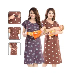 Fabme Pure Cotton Woven Pack Of 2 Half Sleeves Polka Dots Printed Maternity Night Dresses With Concealed Zipper Nursing Access - Purple & Brown-picture-15