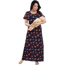 fabme Women's Pure Cotton Material, Concealed Zip, Printed Nursing Maxi Nighty-picture-11