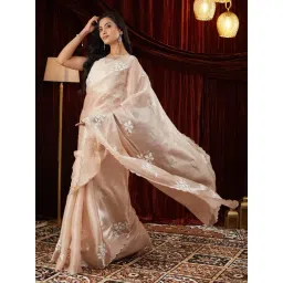 FABMORA Beige Organza Embroidered Saare with Blouse Piece image 1