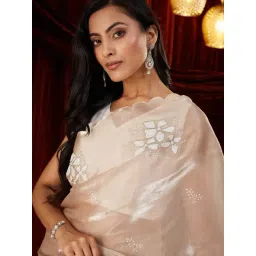 FABMORA Beige Organza Embroidered Saare with Blouse Piece image 5