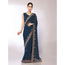 FABMORA Blue Embroidered Saree With Unstitched Blouse-picture-21