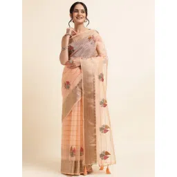 FABMORA Peach Embroidered Saree With Unstitched Blouse-picture-13