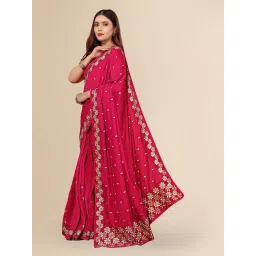 FABMORA Pink Silk Embroidered Saree with Unstitched Blouse image 3