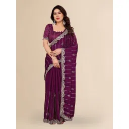 FABMORA Purple Embroidered Saree with Unstitched Blouse-picture-12