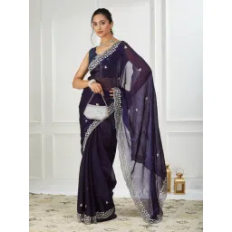 FABMORA Purple Silk Blend Embroidered Saare with Blouse Piece-picture-35