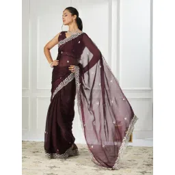 FABMORA Wine Silk Blend Embroidered Saare with Blouse Piece-picture-20