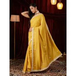 FABMORA Yellow Pure Georgette Embroidered Saare with Blouse Piece-picture-30