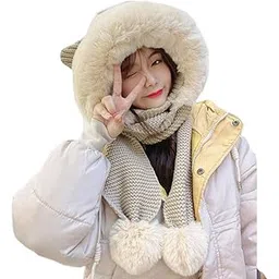 FabNext - Womens Soft Fur Brim Knitted Scarf (Double Pom Pom) One Piece (Cap+Scarf) Earmuffs Ski Winter Warm Cute (Cat Ear) Cap Set-image-11