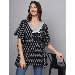 FABRIC FITOOR Geometric Print Cotton V-Neck Kimono Sleeves Kaftan Top With Belt-picture-31