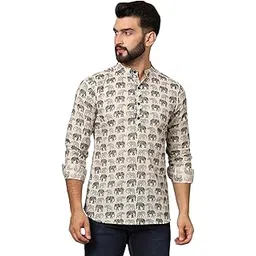 fabric fitoor Mens Cotton Cream Color Elephant Print Full Sleeves Short Kurta-picture-11