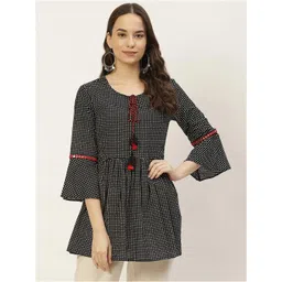 FABRIC FITOOR Women Black Geometric Print Tie-Up Neck Longline Top-picture-29