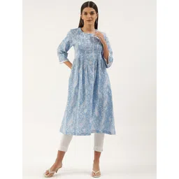 FABRIC FITOOR Women Blue & White Paisley Printed Pure Cotton Kurta-picture-31