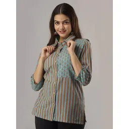 FABRIC FITOOR Women Blue Straight Slim Fit Striped Casual Shirt-picture-15
