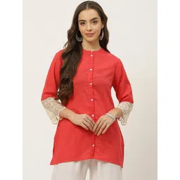 FABRIC FITOOR Women Coral Red Mandarin Collar Pure Cotton Kurti-picture-19