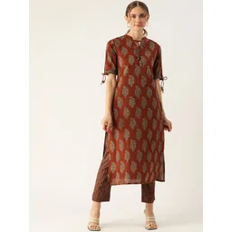 FABRIC FITOOR Women Maroon Ethnic Motifs Printed Regular Pure Cotton Kurti with Trousers-picture-33