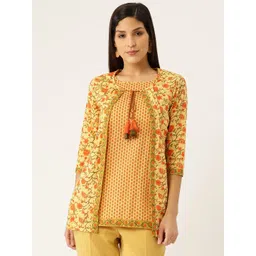 FABRIC FITOOR Women Mustard Yellow & Orange Printed Pure Cotton Top with Ethnic Jacket-picture-20