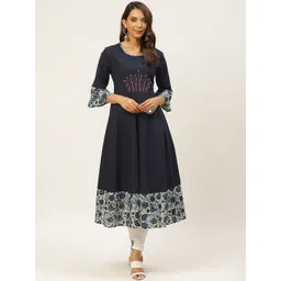 FABRIC FITOOR Women Navy Blue & Off-White Floral Detail A-Line Kurta-picture-25