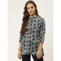 FABRIC FITOOR Women Navy Blue & White Pure Cotton Ethnic Printed Straight Kurti-picture-26