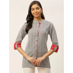 FABRIC FITOOR Women Off-White & Charcoal Grey Regular Fit Striped Pure Cotton Casual Shirt-picture-16