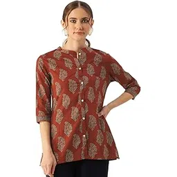 fabric fitoor Women's Cotton Floral Print Mandarin Collar Maroon Color Readymade Casual Shirt-picture-33
