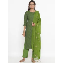 Fabriko Women Green Printed Regular Pure Cotton Kurta with Trousers & With Dupatta-picture-40