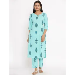 Fabriko Women Turquoise Blue Printed Kurta with Trousers-picture-32