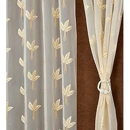 Fabrilia Tissue Net Embroidery Sheer Transparent Curtains for Door 7 feet Long Set of 2, Cream-picture-20