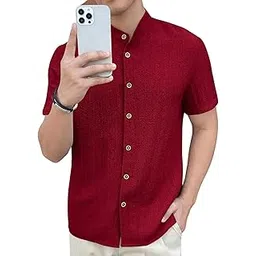 fabripple Men's Solid Textured Half Sleeve Shirt with Stylish Buttons | Band Collar Casual Shirt for Summer Wear-picture-52