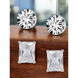 fabula Men Set of 2 Cubic Zirconia Studded Round & Square Shaped Studs-picture-37