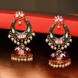 Fabula Red Maroon & Green Meenakari Enamel Floral Ethnic Chandbali Jhumka-jhumki Earrings-picture-13