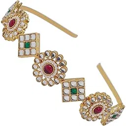 fabuza Kundan Work Golden Flower Design Hairband/Mathapatti/Sheeshpatti for Women/Girls/Bride Multi color Ready to Wear Shishpatti hair band-picture-11