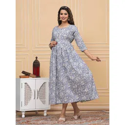 FACON GRAVIDA Women Floral Printed Gathered or Pleated Maternity Fit and Flare Midi Dress-picture-42