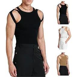 faig Slim Fit Tank Top, Men Knitted Vest Machine Wash Polyester Fabric No Deformation Solid Color Hollow Design for Daily Leisure (XXL) Black-picture-44