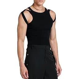 Slim Fit Tank Top, Men Knitted Vest Machine Wash Polyester Fabric No Deformation Solid Color Hollow Design for Daily Leisure (3XL) Black-image-14